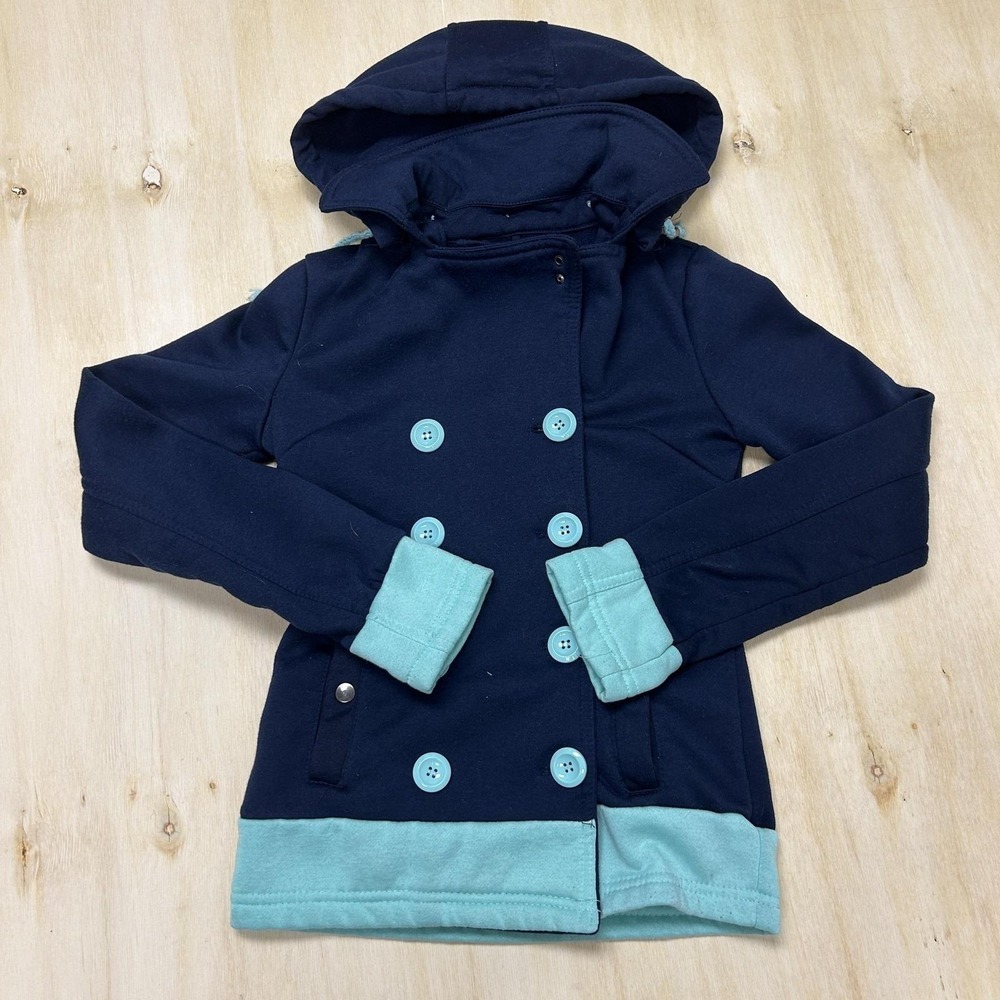 Y2K Wet Seal Jacket Women XS Blue Fleece Hooded Double Breasted Pea Coat Unlined